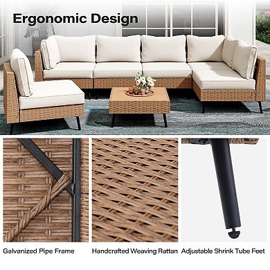 PATIOEASY 7 Piece Set Modern Outdoor Furniture Sofa with PE Wicker Frame for Garden Backyard