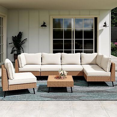 PATIOEASY 7 Piece Set Modern Outdoor Furniture Sofa with PE Wicker Frame for Garden Backyard