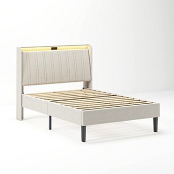 Lufeiya Twin Size Platform Bed Frame with Upholstered Headboard, Wooden Slats, Charging Station