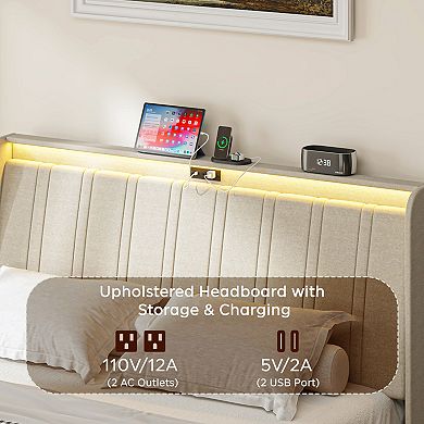 Lufeiya Twin Size Platform Bed Frame with Upholstered Headboard, Wooden Slats, Charging Station