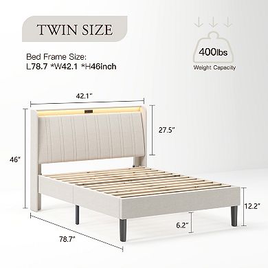 Lufeiya Twin Size Platform Bed Frame with Upholstered Headboard, Wooden Slats, Charging Station