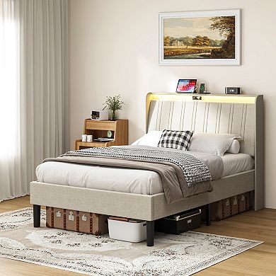 Lufeiya Twin Size Platform Bed Frame with Upholstered Headboard, Wooden Slats, Charging Station