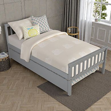 Lufeiya Twin Platform Bed with Pull-Out Trundle, Wooden Bed Frame with Headboard and Footboard