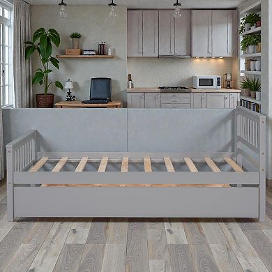 Lufeiya Twin Platform Bed with Pull-Out Trundle, Wooden Bed Frame with Headboard and Footboard