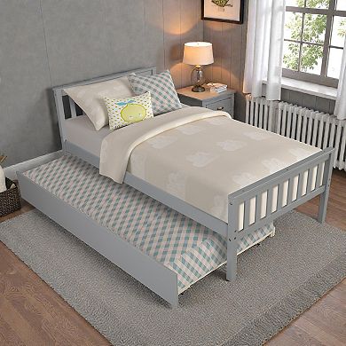 Lufeiya Twin Platform Bed with Pull-Out Trundle, Wooden Bed Frame with Headboard and Footboard