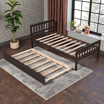 Lufeiya Twin Platform Bed with Pull-Out Trundle, Wooden Bed Frame with Headboard and Footboard