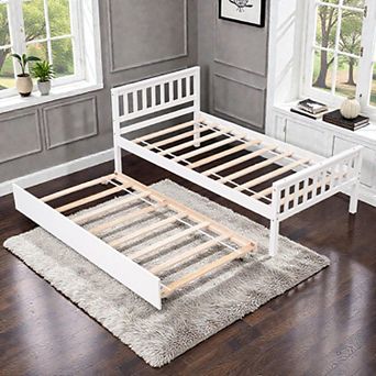 Lufeiya Twin Platform Bed with Pull-Out Trundle, Wooden Bed Frame with Headboard and Footboard
