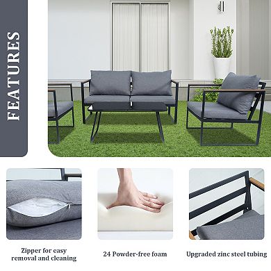PATIOEASY 4 Piece Outdoor Patio Conversation Set Comfortable Wood Armrest with Cushions for Garden