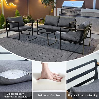 PATIOEASY 4 Piece Outdoor Patio Conversation Set Comfortable Wood Armrest with Cushions for Garden