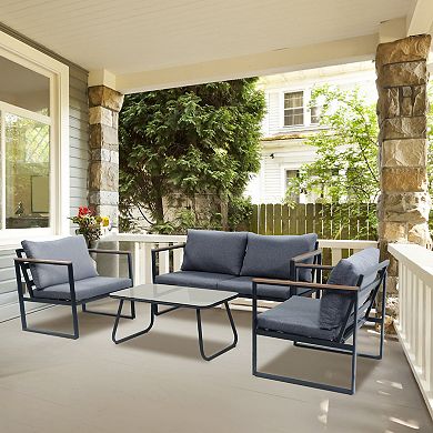 PATIOEASY 4 Piece Outdoor Patio Conversation Set Comfortable Wood Armrest with Cushions for Garden