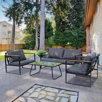 PATIOEASY 4 Piece Outdoor Patio Conversation Set Comfortable Wood Armrest with Cushions for Garden