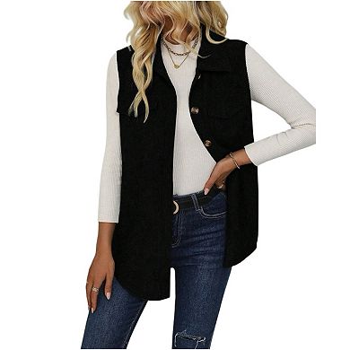Womens Corduroy Vest Casual Sleeveless Button Down Open Front Jackets Blazer Outerwear Tops