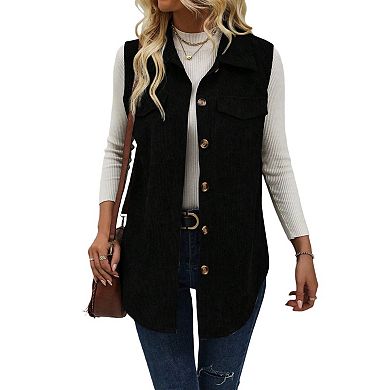 Womens Corduroy Vest Casual Sleeveless Button Down Open Front Jackets Blazer Outerwear Tops