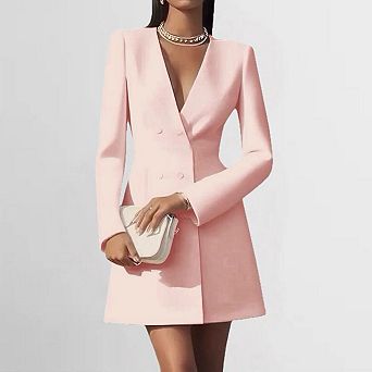 Women's V Neck Long Sleeve Blazer Dress Double Breasted Elegant Work Cocktail Party Dress