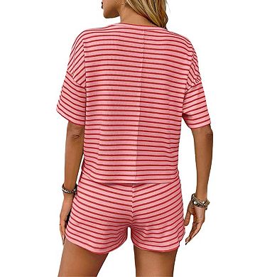 Womens Pajama Sets Striped 2 Piece Lounge Sets Short Sleeve Oversized T Shirts Drawstring Shorts Set