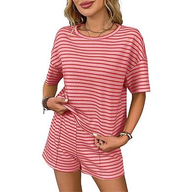 Womens Pajama Sets Striped 2 Piece Lounge Sets Short Sleeve Oversized T Shirts Drawstring Shorts Set