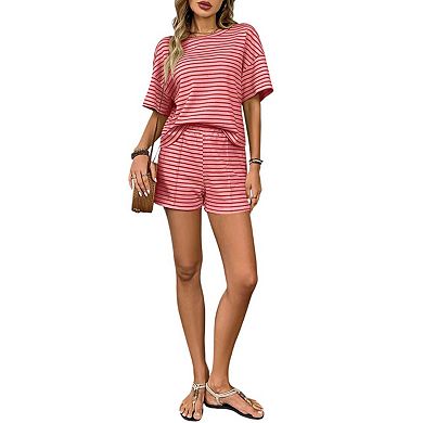 Womens Pajama Sets Striped 2 Piece Lounge Sets Short Sleeve Oversized T Shirts Drawstring Shorts Set