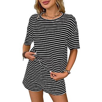 Womens Pajama Sets Striped 2 pc Lounge Sets Short Sleeve Oversized T Shirts Drawstring Shorts Set