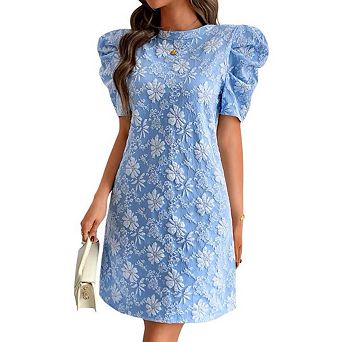Women's Elegant Floral Jacquard Dress, Puff Sleeve Lightweight Shift Mini Dresses for Summer Casual