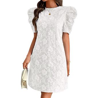 Women's Elegant Floral Jacquard Dress, Puff Sleeve Lightweight Shift Mini Dresses for Summer Casual