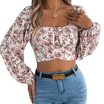 Women Fashion Floral Lantern Sleeve Crop Top Back Tie Waist Cinching Y2K Long Sleeve Chiffon Blouse