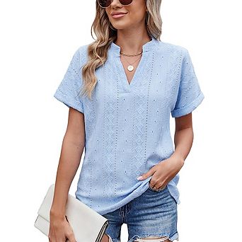 Women's Summer Jacquard V-Neck Short Sleeve Casual Loose Lightweight Hollow-Out Breathable T-Shirt