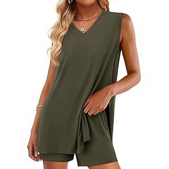 Womens Summer 2 pc Shorts Sets V Neck Long Tank Tops High Waist Loose Fit Matching Travel Outfits