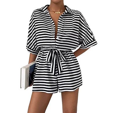 Womens Summer Casual Striped Rompers Short Sleeve Button Down Belted Elastic Waist Short Jumpsuit