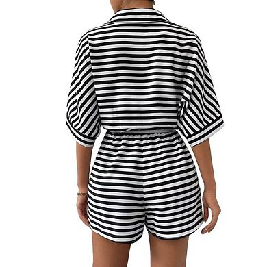 Womens Summer Casual Striped Rompers Short Sleeve Button Down Belted Elastic Waist Short Jumpsuit