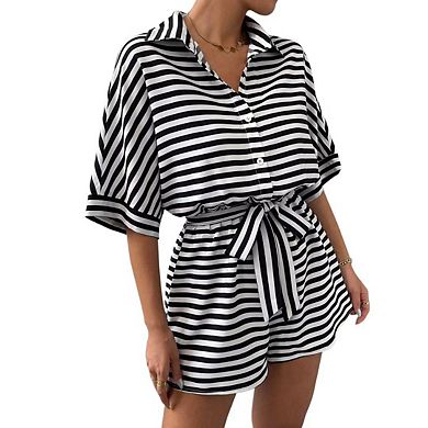 Womens Summer Casual Striped Rompers Short Sleeve Button Down Belted Elastic Waist Short Jumpsuit