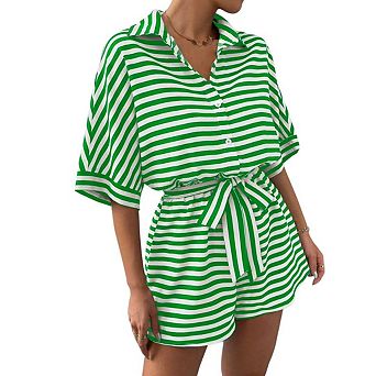 Womens Summer Casual Striped Rompers Short Sleeve Button Down Belted Elastic Waist Short Jumpsuit