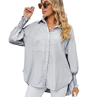 Women's Fashion Ruffled Cuff Striped Shirt Loose Classic Casual Versatile Loungewear Top