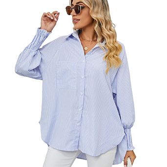 Women's Fashion Ruffled Cuff Striped Shirt Loose Classic Casual Versatile Loungewear Top
