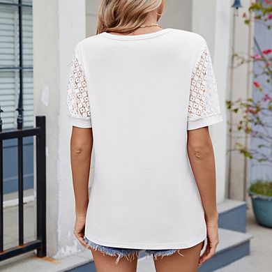 Women's Summer Classic V-Neck Lace Patchwork Short Sleeve Casual Loose Versatile T-Shirt Top