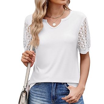 Women's Summer Classic V-Neck Lace Patchwork Short Sleeve Casual Loose Versatile T-Shirt Top