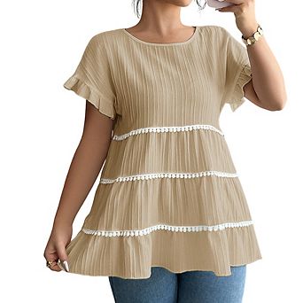 Women's Summer Fashion Ruffled Trim Short Sleeve Loose Crew Neck Casual Minimalist Versatile T-Shirt