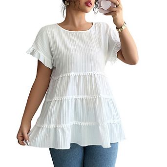 Women's Summer Fashion Ruffled Trim Short Sleeve Loose Crew Neck Casual Minimalist Versatile T-Shirt
