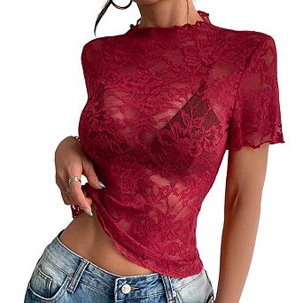 Women's Summer Mock Neck Lace Short Sleeve Fashion Ruffled Trim Slim-Fit Lightweight T-Shirt
