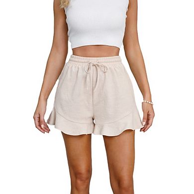 Women's Casual Comfort Ruffle Shorts Elastic Waist Drawstring Linen-Cotton Home Versatile Shorts