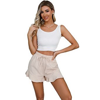 Women's Casual Comfort Ruffle Shorts Elastic Waist Drawstring Linen-Cotton Home Versatile Shorts