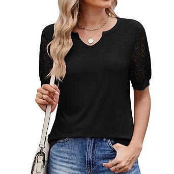Women's Summer Classic V-Neck Lace Patchwork Short Sleeve Casual Loose Versatile T-Shirt Top