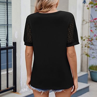 Women's Summer Classic V-Neck Lace Patchwork Short Sleeve Casual Loose Versatile T-Shirt Top