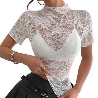 Women's Summer Mock Neck Lace Short Sleeve Fashion Ruffled Trim Slim-Fit Lightweight T-Shirt
