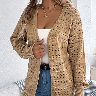 Women Hollow-Out Lantern Sleeve Cardigan Mid-Length Loose Versatile Comfortable Sweater Coat