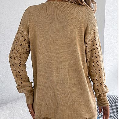 Women Hollow-Out Lantern Sleeve Cardigan Mid-Length Loose Versatile Comfortable Sweater Coat