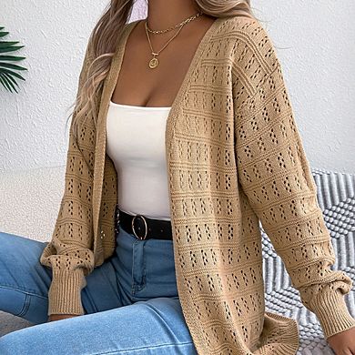 Women Hollow-Out Lantern Sleeve Cardigan Mid-Length Loose Versatile Comfortable Sweater Coat