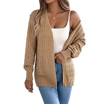 Women Hollow-Out Lantern Sleeve Cardigan Mid-Length Loose Versatile Comfortable Sweater Coat