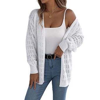 Women Hollow-Out Lantern Sleeve Cardigan Mid-Length Loose Versatile Comfortable Sweater Coat