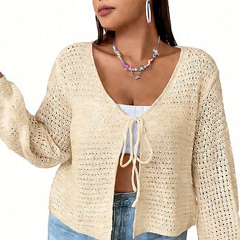 Plus Size Women's V-Neck Long Sleeve Cardigan Sweater Front Tie Cardigan Top Hollow Out Loose Top