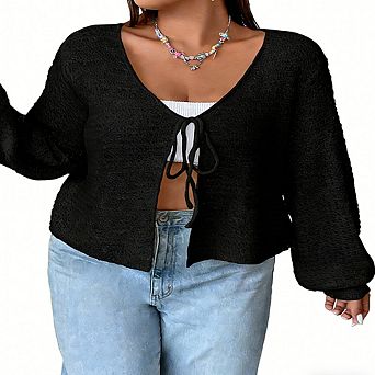 Plus Size Women's V-Neck Long Sleeve Cardigan Sweater Front Tie Cardigan Top Hollow Out Loose Top